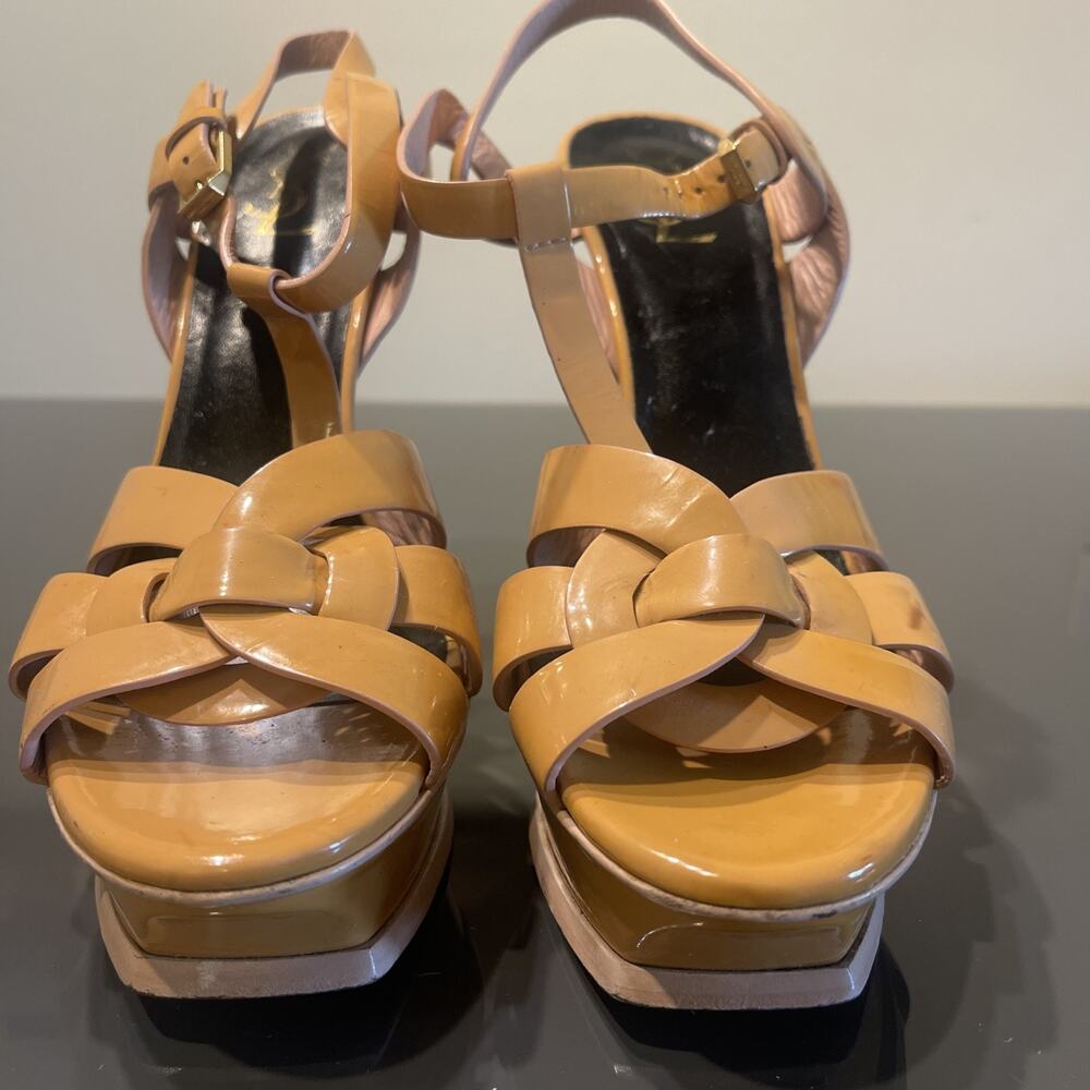Yves Saint Laurent YSL Beige Patent Leather Tribute Platform Sandals Size 40.5 - Picture 2 of 14